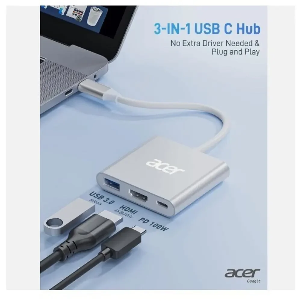 Acer USB C to HDMI Adapter, 4K C Hub with 100W PD, USBA 3.0 Port, Silver